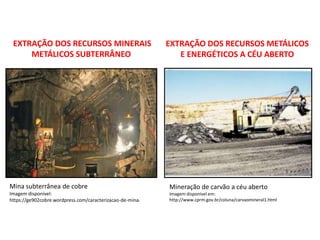EXTRAÇÃO DOS RECURSOS METÁLICOS
E ENERGÉTICOS A CÉU ABERTO
Mineração de carvão a céu aberto
Imagem disponível em:
http://www.cprm.gov.br/coluna/carvaomineral1.html
EXTRAÇÃO DOS RECURSOS MINERAIS
METÁLICOS SUBTERRÂNEO
Mina subterrânea de cobre
Imagem disponível:
https://ge902cobre.wordpress.com/caracterizacao-de-mina/
 