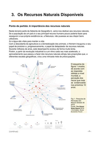 (continua) - 1 -
3. Os Recursos Naturais Disponíveis
Ponto de partida: A importância dos recursos naturais
Nesta terceira parte da Sebenta de Geografia A, vamo-nos dedicar aos recursos naturais.
Se a população de um país é o seu principal recurso humano pouco poderia fazer para
assegurar a sua própria existência se, a Natureza, não pusesse ao seu dispor bens
utilizáveis.
Ar e água são vitais para manter a vida.
Com a descoberta da agricultura e a domesticação dos animais, o Homem inaugurou o seu
papel de produtor e, progressivamente, o papel de delapidador de recursos naturais.
Durante milhares de anos, este desempenho evoluiu de forma muito lenta.
Porém, a partir da revolução industrial e a um ritmo cada vez mais acelerado, o
aproveitamento que passou a fazer dos recursos naturais atingiu tais proporções que, a
diferentes escalas geográficas, criou uma intricada rede de preocupações.
O esquema da
figura 1 mostra,
de acordo com
as respostas
obtidas a nível
mundial, a
perceção dos
riscos que mais
se evidenciarão
nos próximos 10
anos.
Fig.1 - Pesquisa de
Perceção dos
Riscos Globais de
2015
Fonte: The Global
Risks Report 2016
11th Edition, World
Economic Forum
 