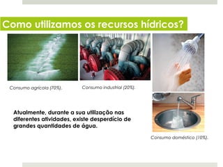 Como utilizamos os recursos hídricos?




 Consumo agrícola (70%).   Consumo industrial (20%).




  Atualmente, durante a sua utilização nas
  diferentes atividades, existe desperdício de
  grandes quantidades de água.

                                                       Consumo doméstico (10%).




 Planeta Terra — 8.º ano
 