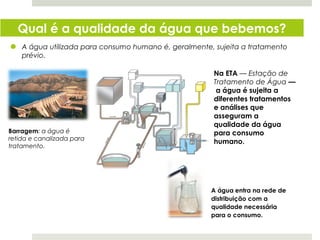 Qual é a qualidade da água que bebemos?
    A água utilizada para consumo humano é, geralmente, sujeita a tratamento
    prévio.

                                                        Na ETA — Estação de
                                                        Tratamento de Água —
                                                         a água é sujeita a
                                                        diferentes tratamentos
                                                        e análises que
                                                        asseguram a
                                                        qualidade da água
Barragem: a água é                                      para consumo
retida e canalizada para
                                                        humano.
tratamento.




                                                       A água entra na rede de
                                                       distribuição com a
                                                       qualidade necessária
                                                       para o consumo.

  Planeta Terra — 8.º ano
 