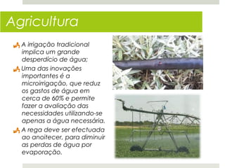 Agricultura
  A irrigação tradicional
   implica um grande
   desperdício de água;
  Uma das inovações
   importantes é a
   microirrigação, que reduz
   os gastos de água em
   cerca de 60% e permite
   fazer a avaliação das
   necessidades utilizando-se
   apenas a água necessária.
  A rega deve ser efectuada
   ao anoitecer, para diminuir
   as perdas de água por
   evaporação.
 