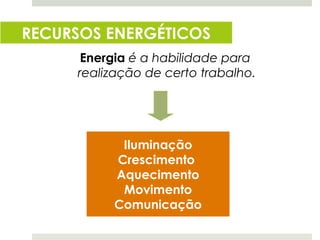 RECURSOS ENERGÉTICOS
      Energia é a habilidade para
     realização de certo trabalho.




           Iluminação
          Crescimento
          Aquecimento
           Movimento
          Comunicação
 