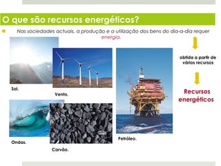 O que são recursos energéticos?
     Nas sociedades actuais, a produção e a utilização dos bens do dia-a-dia requer
                                      energia.



                                                                      obtida a partir de
                                                                       vários recursos




  Sol.
                      Vento.
                                                                       Recursos
                                                                      energéticos




                                              Petróleo.
  Ondas.
                     Carvão.

  Planeta Terra — 8.º ano
 