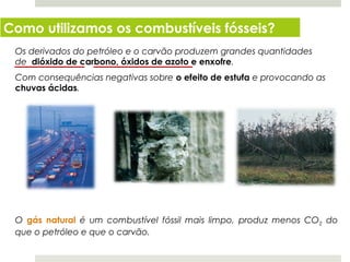Como utilizamos os combustíveis fósseis?
 Os derivados do petróleo e o carvão produzem grandes quantidades
 de dióxido de carbono, óxidos de azoto e enxofre.
 Com consequências negativas sobre o efeito de estufa e provocando as
 chuvas ácidas.




 O gás natural é um combustível fóssil mais limpo, produz menos CO2 do
 que o petróleo e que o carvão.

  Planeta Terra — 8.º ano
 