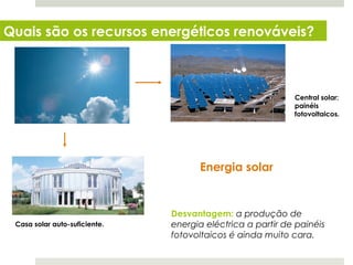 Quais são os recursos energéticos renováveis?



                                                            Central solar:
                                                            painéis
                                                            fotovoltaicos.




                                     Energia solar


                               Desvantagem: a produção de
 Casa solar auto-suficiente.   energia eléctrica a partir de painéis
                               fotovoltaicos é ainda muito cara.

  Planeta Terra — 8.º ano
 