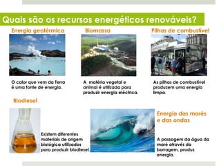 Quais são os recursos energéticos renováveis?
  Energia geotérmica                 Biomassa                     Pilhas de combustível




  O calor que vem da Terra          A matéria vegetal e           As pilhas de combustível
  é uma fonte de energia.           animal é utilizada para       produzem uma energia
                                    produzir energia eléctrica.   limpa.

  Biodiesel

                                                                    Energia das marés
                                                                    e das ondas

                Existem diferentes
                materiais de origem                                 A passagem da água da
                biológica utilizados                                maré através da
                para produzir biodiesel.                            barragem, produz
                                                                    energia.
  Planeta Terra — 8.º ano
 