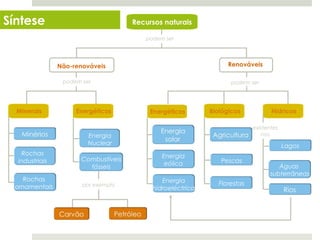 Síntese                               Recursos naturais

                                         podem ser




                 podem ser                                         podem ser




  Minerais           Energéticos           Energéticos      Biológicos           Hídricos

                                                                          existentes
                            Energia                                           nos
                            Nuclear                                                    Lagos
    Rochas                                    Energia
  industriais          Combustíveis                            Pescas
                                               eólica                              Águas
                         fósseis
                                                                                subterrâneas
   Rochas                                     Energia
                       por exemplo                            Florestas
 ornamentais                               hidroeléctrica




  Planeta Terra — 8.º ano
 