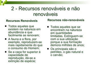 2 - Recursos renováveis e não renováveis Todos aqueles que existem na natureza em abundância e que facilmente se renovam; A fauna e a flora, por exemplo, reproduzem-se mais rapidamente do que o consumo do Homem; Se a caça for superior à capacidade de reprodução, dá-se a extinção de espécie; Todos aqueles que se encontram na natureza em quantidades limitadas. Extinguem-se com a sua utilização porque a sua formação demora milhões de anos; Os principais são o petróleo, o gás natural e o carvão; Recursos Renováveis   Recursos não-renováveis 