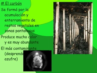 # El carbón Se formó por la acumulación y enterramiento de restos vegetales en zonas pantanosas Produce mucho calor y es muy abundante El más contaminante (desprende mucho azufre) 