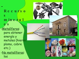 - Recursos minerales - Metalíferos : para obtener energía y metales (hierro, plomo, cobre etc.) - No metalíferos : los combustibles fósiles, la grava, arena, piedra etc. También fertilizantes. 