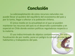 Conclusión La sobreexplotación de estos recursos naturales nos puede llevar al quiebre del equilibrio del ecosistema del país y por lo tanto, llegar a afectar a la población chilena.  El único medio en la actualidad en el que se pueden mantener los recursos del país es el desarrollo sustentable y en especial en Chile donde existen políticas reguladoras respecto a la materia.  El uso indiscriminado de objetos contaminantes, sin una fiscalización de por medio, pone en peligro la calidad de vida de habitantes y trabajadores del país. 