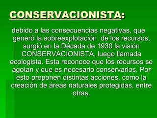 CONSERVACIONISTA : debido a las consecuencias negativas, que generó la sobreexplotación  de los recursos, surgió en la Década de 1930 la visión CONSERVACIONISTA, luego llamada ecologista. Esta reconoce que los recursos se agotan y que es necesario conservarlos. Por esto proponen distintas acciones, como la creación de áreas naturales protegidas, entre otras. 