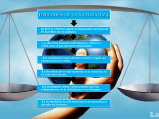 En 1978 la UNESCO adopto la Declaración Universal de
los Derechos de los animales.



- Los derechos humanos individuales y colectivos
deben estar en paz con otras comunidades.



- Los ecosistemas tienen derecho a existir y seguir sus
propios procesos vitales.



-La diversidad de la vida expresada en la naturaleza es
un valor en sí mismo.



-Los ecosistemas tienen valores propios que son
independientes de la utilidad para el ser humano.



-La diversidad de la vida expresada en la naturaleza es
un valor en sí mismo..
 