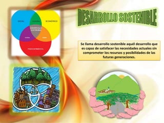 Se llama desarrollo sostenible aquél desarrollo que
 es capaz de satisfacer las necesidades actuales sin
  comprometer los recursos y posibilidades de las
               futuras generaciones.
 