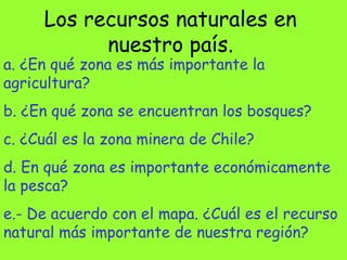Los recursos naturales en
           nuestro país.
a. ¿En qué zona es más importante la
agricultura?
b. ¿En qué zona se encuentran los bosques?
c. ¿Cuál es la zona minera de Chile?
d. En qué zona es importante económicamente
la pesca?
e.- De acuerdo con el mapa. ¿Cuál es el recurso
natural más importante de nuestra región?
 
