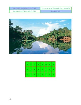 RECURSOS NATURALES EN EL PERÚ UCV-CENTRO DE INFORMÁTICA Y SISTEMAS
EDGARD ANTHONY CORREA CUZCO COMPUTACIÓN 1
11
c u i d e m o s
n u e s t r o s
r e c u r s o s
 