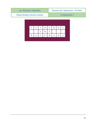 Los Recursos Naturales Practica de Laboratorio - H Nube
Diana Stefany Siccha Castillo Computación I
11
C U I D E M O S
L O S
R E C U R S O S
 