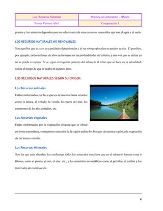Los Recursos Naturales Práctica de Laboratorio - HNube
Roiser Ventura Abril Computación I
4
plantas y los animales dependen para su subsistencia de otros recursos renovables que son el agua y el suelo.
LOS RECURSOS NATURALES NO RENOVABLES
Son aquellos que existen en cantidades determinadas y al ser sobreexplotados se pueden acabar. El petróleo,
por ejemplo, tardo millones de años en formarse en las profundidades de la tierra, y una vez que se utiliza ya
no se puede recuperar. Si se sigue extrayendo petróleo del subsuelo al ritmo que se hace en la actualidad,
existe el riesgo de que se acabe en algunos años.
LOS RECURSOS NATURALES SEGÚN SU ORIGEN.
Los Recursos animales
Están conformados por las especies de nuestra fauna silvestre
como la taruca, el venado, la vicuña, los peces del mar, los
camarones de los ríos costeños, etc.
Los Recursos Vegetales
Están conformados por la vegetación silvestre que se ofrece
en forma espontánea, como pastos naturales de la región andina los bosques de nuestra región, o la vegetación
de las lomas costeñas.
Los Recursos Minerales
Son los que más abundan, los conforman todos los minerales metálicos que en el subsuelo forman vetas o
filones, como el plomo, el oro, el zinc. etc., y los minerales no metálicos como el petróleo, el carbón y los
materiales de construcción.
 