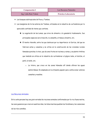 Computación I Los Recursos Naturales
Ing. Lidia Ruiz Valera Práctica Laboratorio
10
➔ Los bosques subtropicales de Piura y Tumbes.
➔ Los manglares de lis los esteros de Tumbes, utilizados en la industria de curtiembres por la
apreciable cantidad de tanino que contiene.
◆ La vegetación de las Lomas, que sirve de alimento a la ganadería trashumante. Sus
principales especies son el maicillo, la cebadilla, el tabaco silvestre, etc.
◆ El monte ribereño, entre los que destacan por su importancia: el Carrizo, del que se
fabrican estas y canastas y se utiliza en la construcción de las viviendas rurales
llamadas quinchas; la tara, que da unos frutos en racimos y vainas, y es planta tintórea
que también se utiliza en la industria de curtiembres: el pájaro bobo, el boliche, el
paté, el molle, etc.
● La totora, que crece en las zonas húmedas allí donde afloran las aguas
subterráneas. Es empleada en la artesanía popular para confeccionar esteras
canastas y muebles.
Los Recursos Animales
En la costa peruana hay una gran variedad de recursos animales conformados por la rica fauna marina,
las aves guaneras que viven en nuestras islas, los lobos marinos pueblan los farallones y los camarones
de los ríos costeños.
 