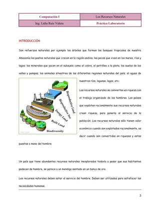 Computación I Los Recursos Naturales
Ing. Lidia Ruiz Valera Práctica Laboratorio
3
INTRODUCCIÓN
Son refuerzos naturales por ejemplo los árboles que forman los bosques tropicales de nuestra
Amazonía los pastos naturales que crecen en la región andina; los peces que viven en los mares, ríos y
lagos; los minerales que yacen en el subsuelo como el cobre, el petróleo o la plata; los suelos de los
valles y pampas; los animales silvestres de las diferentes regiones naturales del país; el aguas de
nuestros ríos, lagunas, lagos, etc.
Los recursos naturales se convierten en riqueza con
el trabajo organizado de los hombres. Los países
que explotan racionalmente sus recursos naturales
crean riqueza, para ponerla al servicio de la
población. Los recursos naturales sólo tienen valor
económico cuando son explotados racionalmente, es
decir cuando son convertidas en riquezas y estas
puestas a mano del hombre.
Un país que tiene abundantes recursos naturales inexplorados todavía a pesar que sus habitantes
padecen de hambre, se parece a un mendigo sentado en un banco de oro.
Los recursos naturales deben estar al servicio del hombre. Deben ser utilizados para satisfacer las
necesidades humanas.
 