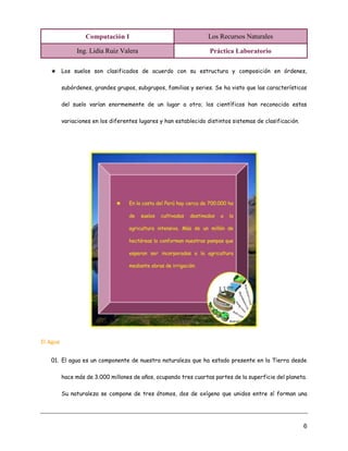 Computación I Los Recursos Naturales
Ing. Lidia Ruiz Valera Práctica Laboratorio
6
★ Los suelos son clasificados de acuerdo con su estructura y composición en órdenes,
subórdenes, grandes grupos, subgrupos, familias y series. Se ha visto que las características
del suelo varían enormemente de un lugar a otro; los científicos han reconocido estas
variaciones en los diferentes lugares y han establecido distintos sistemas de clasificación.
El Agua
01. El agua es un componente de nuestra naturaleza que ha estado presente en la Tierra desde
hace más de 3.000 millones de años, ocupando tres cuartas partes de la superficie del planeta.
Su naturaleza se compone de tres átomos, dos de oxígeno que unidos entre sí forman una
 