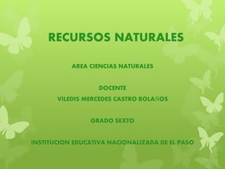 RECURSOS NATURALES 
AREA CIENCIAS NATURALES 
DOCENTE 
VILEDIS MERCEDES CASTRO BOLAÑOS 
GRADO SEXTO 
INSTITUCION EDUCATIVA NACIONALIZADA DE EL PASO 
 