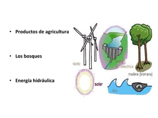 • Productos de agricultura
• Los bosques
• Energía hidráulica
 