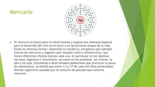 Mercurio
 El mercurio es tóxico para la salud humana y supone una amenaza especial
para el desarrollo del niño en el útero y en las primeras etapas de la vida.
Existe en diversas formas: elemental (o metálico); inorgánico (por ejemplo
cloruro de mercurio) y orgánico (por ejemplo metil y etilmercurio), que
tienen diferentes efectos tóxicos cada una, en particular en los sistemas
nervioso, digestivo e inmunitario, así como en los pulmones, los riñones, la
piel y los ojos. Estudiando a determinadas poblaciones que practican la pesca
de subsistencia, se estimó que entre 1,5 y 17 de cada mil niños presentaban
efectos cognitivos causados por el consumo de pescado que contenía
mercurio.
 