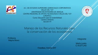 A.C. DE ESTUDIOS SUPERIORES GERENCIALES CORPORATIVOS
VALLES DEL TUY
UNIVERSIDAD BICENTENARIA DE ARAGUA
CENTRO REGIONAL DE APOYO TECNOLÓGICO VALLES DEL TUY
(CREATEC)
Curso: Educación para la Sostenibilidad
Carrera: Derecho
Sección H1
Profesora
Mayira Bravo
Integrante:
María Loreto
CI.10.077.243
Charallave, Octubre 2017
 