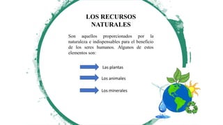 LOS RECURSOS
NATURALES
Son aquellos proporcionados por la
naturaleza e indispensables para el beneficio
de los seres human...