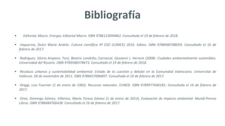 Bibliografía
• Editorial, Macro. Energia. Editorial Macro. ISBN 9786123044862. Consultado el 19 de febrero de 2018.
• Vaquerizo, Dulce María Andrés. Cultura científica 4º ESO (LOMCE) 2016. Editex. ISBN 9788490788059. Consultado el 16 de
febrero de 2017.
• Rodríguez, Gloria Amparo; Toro, Beatriz Londoño; Carrascal, Giovanni J. Herrera (2008). Ciudades ambientalmente sostenibles.
Universidad del Rosario. ISBN 9789588378473. Consultado el 19 de febrero de 2018.
• Residuos urbanos y sustentabilidad ambiental: Estado de la cuestión y debate en la Comunidad Valenciana. Universitat de
València. 28 de noviembre de 2011. ISBN 9788437086897. Consultado el 16 de febrero de 2017.
• Origgi, Luis Fournier (1 de enero de 1983). Recursos naturales. EUNED. ISBN 9789977640181. Consultado el 16 de febrero de
2017.
• Orea, Domingo Gómez; Villarino, María Teresa Gómez (1 de enero de 2013). Evaluación de impacto ambiental. Mundi-Prensa
Libros. ISBN 9788484766438. Consultado el 16 de febrero de 2017.
 