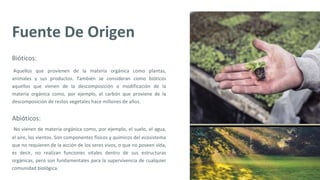 Fuente De Origen
Bióticos:
Aquellos que provienen de la materia orgánica como plantas,
animales y sus productos. También se consideran como bióticos
aquellos que vienen de la descomposición o modificación de la
materia orgánica como, por ejemplo, el carbón que proviene de la
descomposición de restos vegetales hace millones de años.
Abióticos:
No vienen de materia orgánica como, por ejemplo, el suelo, el agua,
el aire, los vientos. Son componentes físicos y químicos del ecosistema
que no requieren de la acción de los seres vivos, o que no poseen vida,
es decir, no realizan funciones vitales dentro de sus estructuras
orgánicas, pero son fundamentales para la supervivencia de cualquier
comunidad biológica.
 