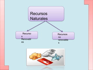 Recursos
Naturales
Recurso
s
Renovabl
es
Recursos
no
renovable
s
 