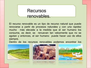 Recursos
renovables.
El recurso renovable es un tipo de recurso natural que puede
renovarse a partir de procesos naturales y con una rapidez
mucho más elevada a la medida que el ser humano los
consume, es decir, se renuevan tan velozmente que no se
agotan y entonces, el ser humano puede hacer uso de ellos
siempre.
Dentro de los recursos renovables podemos encontrar los
siguientes:
 