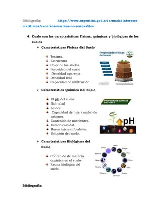 Bibliografía: https://www.argentina.gob.ar/armada/intereses-
maritimos/recursos-marinos-no-renovables
4. Cuale son las características físicas, químicas y biológicas de los
suelos
 Características Físicas del Suelo
Textura.
Estructura
Color de los suelos.
Porosidad del suelo
Densidad aparente
Densidad real
Capacidad de infiltración
 Característica Química del Suelo
El pH del suelo.
Salinidad
Acidez.
Capacidad de Intercambio de
cationes.
Contenido de nutrientes.
Estado coloidal.
Bases intercambiables.
Solución del suelo.
 Características Biológicas del
Suelo
Contenido de materia
orgánica en el suelo.
Fauna biológica del
suelo.
Bibliografía:
 