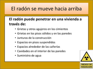 El radón se mueve hacia arriba
El radón puede penetrar en una vivienda a
través de:
• Grietas y otros agujeros en los cimientos
• Grietas en los pisos sólidos y en las paredes
• Junturas de la construcción
• Espacios en pisos suspendidos
• Espacios alrededor de las cañerías
• Cavidades en el interior de las paredes
• Suministro de agua
 