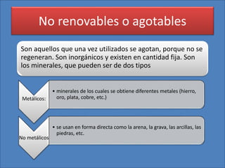 No renovables o agotables
Metálicos:
• minerales de los cuales se obtiene diferentes metales (hierro,
oro, plata, cobre, etc.)
No metálicos
• se usan en forma directa como la arena, la grava, las arcillas, las
piedras, etc.
Son aquellos que una vez utilizados se agotan, porque no se
regeneran. Son inorgánicos y existen en cantidad fija. Son
los minerales, que pueden ser de dos tipos
 