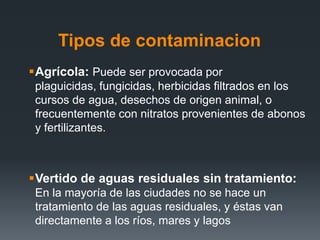 Tipos de contaminacion
Agrícola: Puede ser provocada por
plaguicidas, fungicidas, herbicidas filtrados en los
cursos de agua, desechos de origen animal, o
frecuentemente con nitratos provenientes de abonos
y fertilizantes.
Vertido de aguas residuales sin tratamiento:
En la mayoría de las ciudades no se hace un
tratamiento de las aguas residuales, y éstas van
directamente a los ríos, mares y lagos
 