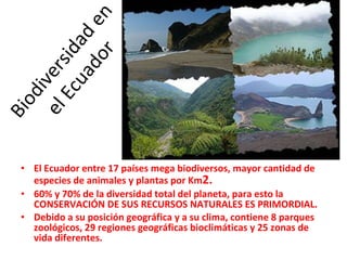 Biodiversidad en el Ecuador El Ecuador entre 17 países mega biodiversos, mayor cantidad de especies de animales y plantas por Km 2. 60% y 70% de la diversidad total del planeta, para esto la CONSERVACIÓN DE SUS RECURSOS NATURALES ES PRIMORDIAL.   Debido a su posición geográfica y a su clima, contiene 8 parques zoológicos, 29 regiones geográficas bioclimáticas y 25 zonas de vida diferentes.  