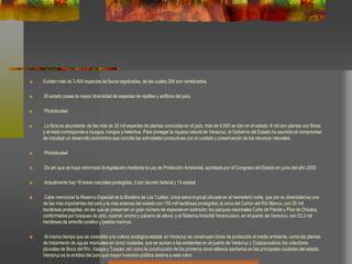 Existen más de 3,400 especies de fauna registradas, de las cuales 394 son vertebrados.
El estado posee la mayor diversidad de especies de reptiles y anfibios del país.
Photobucket
La flora es abundante; de las más de 30 mil especies de plantas conocidas en el país, más de 9,500 se dan en el estado: 8 mil son plantas con flores
y el resto corresponde a musgos, hongos y helechos. Para proteger la riqueza natural de Veracruz, el Gobierno del Estado ha asumido el compromiso
de impulsar un desarrollo económico que concilia las actividades productivas con el cuidado y preservación de los recursos naturales.
Photobucket
De ahí que se haya reformado la legislación mediante la Ley de Protección Ambiental, aprobada por el Congreso del Estado en junio del año 2000.
Actualmente hay 18 áreas naturales protegidas, 5 por decreto federal y 13 estatal.
Cabe mencionar la Reserva Especial de la Biosfera de Los Tuxtlas, única selva tropical ubicada en el hemisferio norte, que por su diversidad es una
de las más importantes del país y la más extensa del estado con 155 mil hectáreas protegidas; la zona del Cañón del Río Blanco, con 55 mil
hectáreas protegidas, en las que se preservan un gran número de especies en extinción; los parques nacionales Cofre de Perote y Pico de Orizaba,
conformados por bosques de pino, oyamel, encino y páramo de altura; y el Sistema Arrecifal Veracruzano, en el puerto de Veracruz, con 52.2 mil
hectáreas de arrecife coralino y pastos marinos.
Al mismo tiempo que se consolida una cultura ecológica estatal, en Veracruz se construyen obras de protección al medio ambiente, como las plantas
de tratamiento de aguas residuales en cinco ciudades, que se suman a las existentes en el puerto de Veracruz y Coatzacoalcos; los colectores
pluviales de Boca del Río, Xalapa y Tuxpan; así como la construcción de los primeros doce rellenos sanitarios en las principales ciudades del estado.
Veracruz es la entidad del país que mayor inversión pública destina a este rubro
 