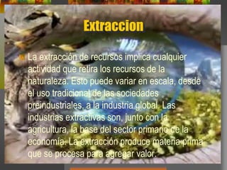 Extraccion
La extracción de recursos implica cualquier
actividad que retira los recursos de la
naturaleza. Esto puede variar en escala, desde
el uso tradicional de las sociedades
preindustriales, a la industria global. Las
industrias extractivas son, junto con la
agricultura, la base del sector primario de la
economía. La extracción produce materia prima
que se procesa para agregar valor.
 