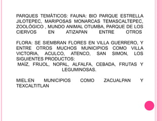 PARQUES TEMÁTICOS: FAUNA: BIO PARQUE ESTRELLA
JILOTEPEC, MARIPOSAS MONARCAS TEMASCALTEPEC,
ZOOLÓGICO , MUNDO ANIMAL OTUMBA, PARQUE DE LOS
CIERVOS EN ATIZAPAN ENTRE OTROS
FLORA: SE SIEMBRAN FLORES EN VILLA GUERRERO, Y
ENTRE OTROS MUCHOS MUNICIPIOS COMO VILLA
VICTORIA, ACULCO, ATENCO, SAN SIMON, LOS
SIGUIENTES PRODUCTOS:
MAÍZ, FRIJOL, NOPAL, ALFALFA, CEBADA, FRUTAS Y
LEGUMINOSAS.
MIEL:EN MUNICIPIOS COMO ZACUALPAN Y
TEXCALTITLAN
 