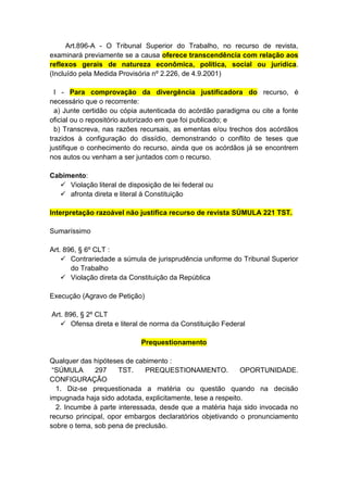 Art.896-A - O Tribunal Superior do Trabalho, no recurso de revista,
examinará previamente se a causa oferece transcendência com relação aos
reflexos gerais de natureza econômica, política, social ou jurídica.
(Incluído pela Medida Provisória nº 2.226, de 4.9.2001)

  I - Para comprovação da divergência justificadora do recurso, é
necessário que o recorrente:
  a) Junte certidão ou cópia autenticada do acórdão paradigma ou cite a fonte
oficial ou o repositório autorizado em que foi publicado; e
  b) Transcreva, nas razões recursais, as ementas e/ou trechos dos acórdãos
trazidos à configuração do dissídio, demonstrando o conflito de teses que
justifique o conhecimento do recurso, ainda que os acórdãos já se encontrem
nos autos ou venham a ser juntados com o recurso.

Cabimento:
   Violação literal de disposição de lei federal ou
   afronta direta e literal à Constituição

Interpretação razoável não justifica recurso de revista SÚMULA 221 TST.

Sumaríssimo

Art. 896, § 6º CLT :
     Contrariedade a súmula de jurisprudência uniforme do Tribunal Superior
       do Trabalho
     Violação direta da Constituição da República

Execução (Agravo de Petição)

Art. 896, § 2º CLT
    Ofensa direta e literal de norma da Constituição Federal

                             Prequestionamento

Qualquer das hipóteses de cabimento :
 “SÚMULA      297     TST.   PREQUESTIONAMENTO.             OPORTUNIDADE.
CONFIGURAÇÃO
  1. Diz-se prequestionada a matéria ou questão quando na decisão
impugnada haja sido adotada, explicitamente, tese a respeito.
  2. Incumbe à parte interessada, desde que a matéria haja sido invocada no
recurso principal, opor embargos declaratórios objetivando o pronunciamento
sobre o tema, sob pena de preclusão.
 