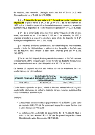 de imediato, pelo vencedor. (Redação dada pela Lei nº 5.442, 24.5.1968)
(Revogado pela Lei nº 7.033, de 5.10.1982)

     § 4º - O depósito de que trata o § 1º far-se-á na conta vinculada do
empregado a que se refere o art. 2º da Lei nº 5.107, de 13 de setembro de
1966, aplicando-se-lhe os preceitos dessa Lei observado, quanto ao respectivo
levantamento, o disposto no § 1º. (Redação dada pela Lei nº 5.442, 24.5.1968)

    § 5º - Se o empregado ainda não tiver conta vinculada aberta em seu
nome, nos termos do art. 2º da Lei nº 5.107, de 13 de setembro de 1966, a
empresa procederá à respectiva abertura, para efeito do disposto no § 2º.
(Redação dada pela Lei nº 5.442, 24.5.1968)

     § 6º - Quando o valor da condenação, ou o arbitrado para fins de custas,
exceder o limite de 10 (dez) vêzes o salário-mínimo da região, o depósito para
fins de recursos será limitado a êste valor. (Incluído pela Lei nº 5.442,
24.5.1968)

     § 7o No ato de interposição do agravo de instrumento, o depósito recursal
corresponderá a 50% (cinquenta por cento) do valor do depósito do recurso ao
qual se pretende destrancar. (Incluído pela Lei nº 12.275, de 2010)

Os valores do depósito recursal são fixados por Ato do Presidente do TST,
sendo vigentes os valores abaixo:

                   RECURSO DE REVISTA -
                                                     RECURSO EM AÇÃO
 RECURSO ORDINÁRIO EMBARGOS - RECURSO
                                                        RESCISÓRIA
                     EXTRAORDINÁRIO
     R$ 6.290,00       R$ 12.580,00                      R$ 12.580,00

Como visam a garantia do juízo, sendo o depósito recursal de valor igual à
condenação não há que se efetuar o depósito para os recursos subsequentes,
salvo se majorada a condenação.

Exemplo:

    A reclamada foi condenada ao pagamento de R$ 5.000,00. Qual o Valor
     do depósito: R$ 5.000,00. Se pretender interpor Recurso de Revista qual
     o valor do depósito? R$ 0,00.

    A reclamada foi condenada ao pagamento de R$ 15.000,00. Qual o
     valor do depósito recursal? R$ 12.580,00. Se quiser interpor Recurso de
     Revista qual o valor do depósito: R$ 2.420,00.
 