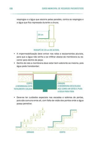 respingos e a água que escorre pelas paredes, contra os respingos e
a água que fica represada durante a chuva;
•	 A impermeabilização deve entrar nos ralos e escoamentos pluviais,
para que a água não venha a se infiltrar abaixo da membrana ou es-
correr para dentro da peça;
•	 Dentro do ralo a membrana deve estar bem aderente ao mesmo, pois
água pode transbordar;
•	 Deve-se ter cuidados especiais nas escadas e soleiras de portas,
pois são comuns erros ali, com falta de visão dos pontos onde a água
possa penetrar;
errado certo
certo errado
a membrana está
totalmente colada
a membrana descolada
age como um sifão e puxa
a água para fora
curso municipal de recursos paisagísticos106
20 cm
rodapé de 20 cm de altura.
 