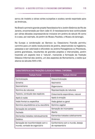 Centralização
Simetria
Geometrismo
Domínio da natureza
Topiaria, condução das espécies
Apelo à razão
Visão frontal ou específica
Domínio arquitetônico e/ou escultório
Sensação de completo
Fechado
Elementos tratados individualmente
Descentralização
Assimetria
Organicismo
Representação da natureza
Crescimento espontâneo, natural
Apelo à emoção
Visão global ou geral
Domínio vegetal
Sensação de incompleto
Aberto
Elementos tratados coletivamente
DinâmicoEstático
Sensação de inconformidade com o
mundo, vontade de organizá-lo
Conformismo com o mundo, desejo
de representá-lo
tradição informaltradição formal
características das tradições clássicas formal e informal
115capítulo 8 - A QUESTÃO ESTÉTICA E O PAISAGISMO CONTEMPORÂNEO
serviu de modelo a várias cortes européias e acabou sendo exportado para
as Américas.
No Brasil o primeiro grande projeto Neoclássico foi o Jardim Botânico do Rio de
Janeiro, encomendado por Dom João VI. O neoclassicismo teve continuidade
por várias décadas (expressando-se inclusive em jardins do século XX como
é o caso, por exemplo, do jardim do Museu Paulista, o Museu do Ipiranga).
Na Europa a condenação ao Barroco ou Classicismo Francês permitiu
caminho para um estilo revolucionário de jardins, desenvolvido na Inglaterra,
passasse a ser valorizado e difundido: os Jardins Paisagísticos ou Pitorescos,
jardins grandiosos, resultantes de grandes projetos e intervenções, porém
trazendo um aspecto leve e ‘natural’, marcando a formação da Tradição
Clássica Informal dos Jardins, um dos aspectos do Romantismo, o estilo que
abarca os séculos XVIII e XIX.
 