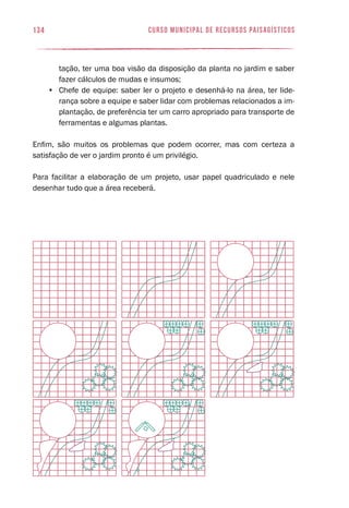 curso municipal de recursos paisagísticos134
tação, ter uma boa visão da disposição da planta no jardim e saber
fazer cálculos de mudas e insumos;
•	 Chefe de equipe: saber ler o projeto e desenhá-lo na área, ter lide-
rança sobre a equipe e saber lidar com problemas relacionados a im-
plantação, de preferência ter um carro apropriado para transporte de
ferramentas e algumas plantas.
Enfim, são muitos os problemas que podem ocorrer, mas com certeza a
satisfação de ver o jardim pronto é um privilégio.
Para facilitar a elaboração de um projeto, usar papel quadriculado e nele
desenhar tudo que a área receberá.
 