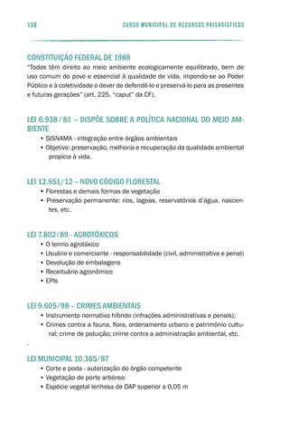 curso municipal de recursos paisagísticos138
CONSTITUIÇÃO FEDERAL DE 1988
“Todos têm direito ao meio ambiente ecologicamente equilibrado, bem de
uso comum do povo e essencial à qualidade de vida, impondo-se ao Poder
Público e à coletividade o dever de defendê-lo e preservá-lo para as presentes
e futuras gerações” (art. 225, “caput” da CF).
LEI 6.938 ⁄ 81 – DISPÕE SOBRE A POLÍTICA NACIONAL DO MEIO AM-
BIENTE
• SISNAMA - integração entre órgãos ambientais
• Objetivo: preservação, melhoria e recuperação da qualidade ambiental
propícia à vida.
LEI 12.651/12 – NOVO CÓDIGO FLORESTAL
• Florestas e demais formas de vegetação
• Preservação permanente: rios, lagoas, reservatórios d’água, nascen-
tes, etc.
LEI 7.802 ⁄ 89 - AGROTÓXICOS
• O termo agrotóxico
• Usuário e comerciante - responsabilidade (civil, administrativa e penal)
• Devolução de embalagens
• Receituário agronômico
• EPIs
LEI 9.605 ⁄ 98 – CRIMES AMBIENTAIS
• Instrumento normativo híbrido (infrações administrativas e penais);
• Crimes contra a fauna, flora, ordenamento urbano e patrimônio cultu-
ral; crime de poluição; crime contra a administração ambiental, etc.
.
LEI MUNICIPAL 10.365 ⁄ 87
• Corte e poda - autorização do órgão competente
• Vegetação de porte arbóreo:
• Espécie vegetal lenhosa de DAP superior a 0,05 m
 