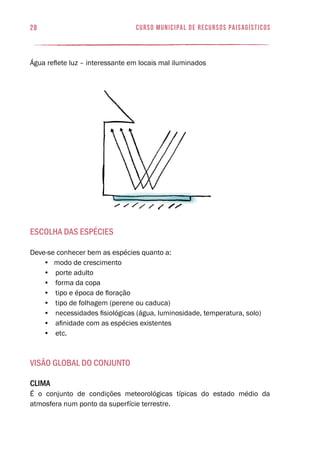 28 curso municipal de recursos paisagísticos
Água reflete luz – interessante em locais mal iluminados
Escolha das Espécies
Deve-se conhecer bem as espécies quanto a:
•	 modo de crescimento
•		porte adulto
•		forma da copa
•		tipo e época de floração
•		tipo de folhagem (perene ou caduca)
•		necessidades fisiológicas (água, luminosidade, temperatura, solo)
•		afinidade com as espécies existentes
•		etc.
VISÃO GLOBAL DO CONJUNTO
Clima
É o conjunto de condições meteorológicas típicas do estado médio da
atmosfera num ponto da superfície terrestre.
 