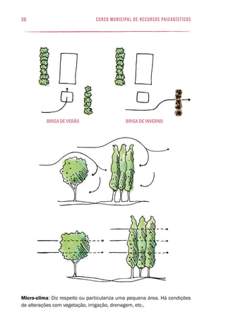 brisa de verão brisa de inverno
30 curso municipal de recursos paisagísticos
Micro-clima: Diz respeito ou particulariza uma pequena área. Há condições
de alterações com vegetação, irrigação, drenagem, etc..
 